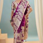 Seraphic Purple Ajrakh Printed Semi Modal Silk Saree With Ailurophile Blouse Piece