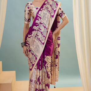 Seraphic Purple Ajrakh Printed Semi Modal Silk Saree With Ailurophile Blouse Piece