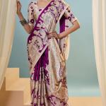 Seraphic Purple Ajrakh Printed Semi Modal Silk Saree With Ailurophile Blouse Piece