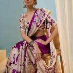 Seraphic Purple Ajrakh Printed Semi Modal Silk Saree With Ailurophile Blouse Piece