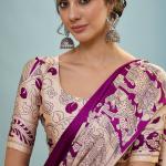 Seraphic Purple Ajrakh Printed Semi Modal Silk Saree With Ailurophile Blouse Piece
