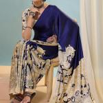Mesmeric Navy Blue Ajrakh Printed Semi Modal Silk Saree With Bewitching Blouse Piece