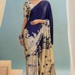 Mesmeric Navy Blue Ajrakh Printed Semi Modal Silk Saree With Bewitching Blouse Piece
