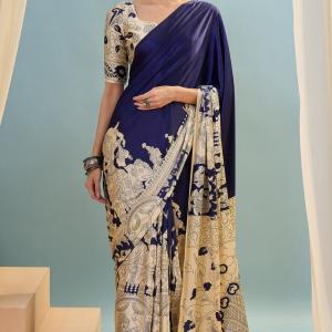 Mesmeric Navy Blue Ajrakh Printed Semi Modal Silk Saree With Bewitching Blouse Piece