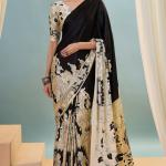 Mesmerising Black Ajrakh Printed Semi Modal Silk Saree With Unequalled Blouse Piece