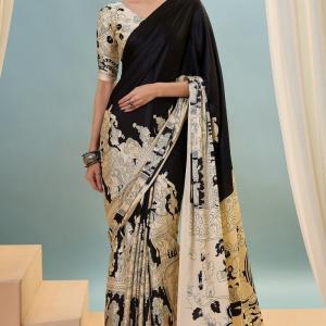 Mesmerising Black Ajrakh Printed Semi Modal Silk Saree With Unequalled Blouse Piece