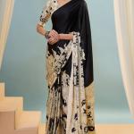 Mesmerising Black Ajrakh Printed Semi Modal Silk Saree With Unequalled Blouse Piece