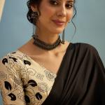 Mesmerising Black Ajrakh Printed Semi Modal Silk Saree With Unequalled Blouse Piece