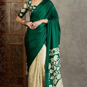 Sempiternal Dark Green Digital Printed Satin Silk Saree With Inimitable Blouse Piece