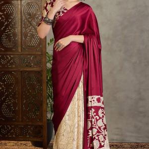 Stunning Wine Digital Printed Satin Silk Saree With Pleasurable Blouse Piece