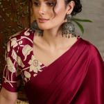 Stunning Wine Digital Printed Satin Silk Saree With Pleasurable Blouse Piece