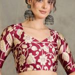 Stunning Wine Digital Printed Satin Silk Saree With Pleasurable Blouse Piece