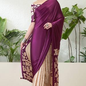 Groovy Purple Digital Printed Satin Silk Saree With Traditional Blouse Piece