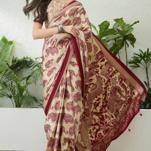 Winsome Wine Kalamkari Printed Satin Silk Saree With Resonant Blouse Piece