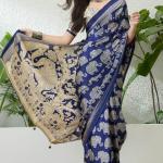 Entrancing Navy Blue Kalamkari Printed Satin Silk Saree With Efflorescence Blouse Piece