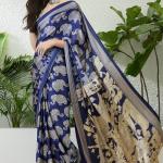 Entrancing Navy Blue Kalamkari Printed Satin Silk Saree With Efflorescence Blouse Piece