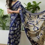 Entrancing Navy Blue Kalamkari Printed Satin Silk Saree With Efflorescence Blouse Piece