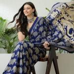 Entrancing Navy Blue Kalamkari Printed Satin Silk Saree With Efflorescence Blouse Piece