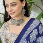 Entrancing Navy Blue Kalamkari Printed Satin Silk Saree With Efflorescence Blouse Piece