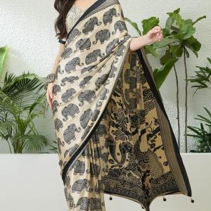 Blooming Beige Kalamkari Printed Satin Silk Saree With Symmetrical Blouse Piece