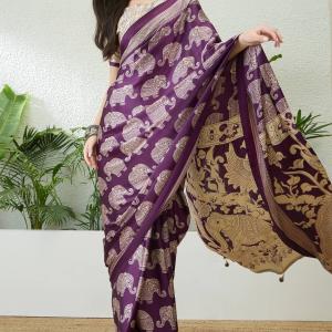 Panache Purple Kalamkari Printed Satin Silk Saree With Denouement Blouse Piece