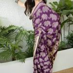 Panache Purple Kalamkari Printed Satin Silk Saree With Denouement Blouse Piece
