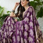 Panache Purple Kalamkari Printed Satin Silk Saree With Denouement Blouse Piece