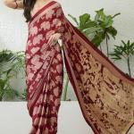 Divine Maroon Kalamkari Printed Satin Silk Saree With Desirable Blouse Piece