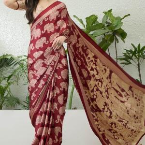 Divine Maroon Kalamkari Printed Satin Silk Saree With Desirable Blouse Piece