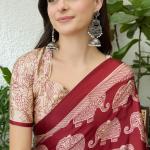 Divine Maroon Kalamkari Printed Satin Silk Saree With Desirable Blouse Piece