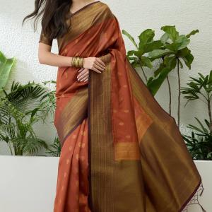 Imaginative Orange Pure Zari Weaving Banarasi Silk Saree With Wonderful Blouse Piece