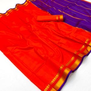 Redolent Red Soft Silk Saree With Verdant Blouse Piece