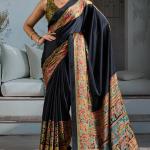 Proficient Black Ajrakh Printed Satin Silk Saree With Alluring Blouse Piece