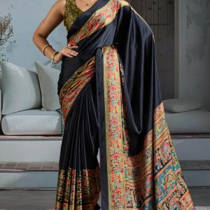 Proficient Black Ajrakh Printed Satin Silk Saree With Alluring Blouse Piece