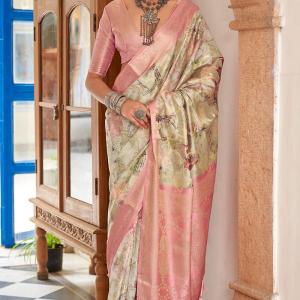 Posh Beige Digital Printed Cotton Silk Saree With Delightful Blouse Piece