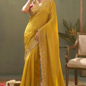 Sumptuous Yellow Fancy Silk Embroidery Work Saree With Embroidery Work Blouse Piece