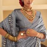 Trendy Silver Digital Printed Soft Silk Saree With Glorious Blouse Piece