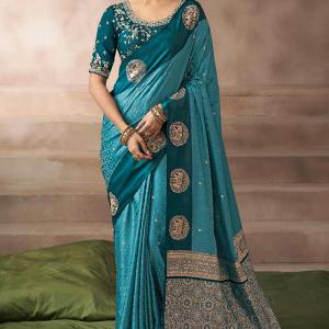 Zephyr Rama Banarasi Satin Silk Saree With Ephemeral Blouse