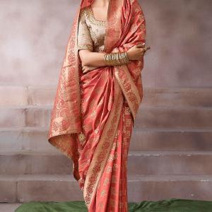 Pulsating Peach Banarasi Satin Silk Saree With Demure Blouse