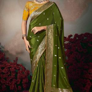 Majestic Dark Green Banarasi Silk Saree With Embroidery Blouse Piece