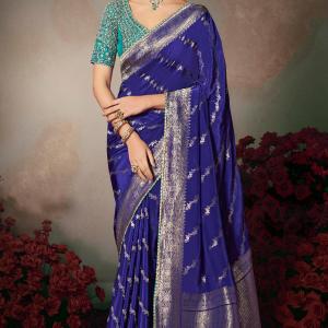 Jubilant Royal Blue Banarasi Silk Saree With Embroidery Blouse Piece