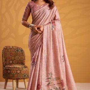 Mesmeric Pink Digital Printed Tussar Silk Saree With Admirable Blouse Piece