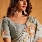 Scintillating Grey Digital Printed Tussar Silk Saree With Amazing Blouse Piece