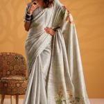 Scintillating Grey Digital Printed Tussar Silk Saree With Amazing Blouse Piece