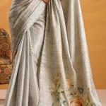 Scintillating Grey Digital Printed Tussar Silk Saree With Amazing Blouse Piece