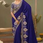 Glittering Navy Blue Soft Silk Embroidery Work Saree With Exemplary Blouse Piece