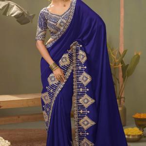 Glittering Navy Blue Soft Silk Embroidery Work Saree With Exemplary Blouse Piece