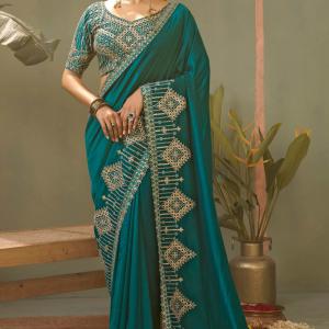 Ethereal Rama Soft Silk Embroidery Work Saree With Splendiferous Blouse Piece