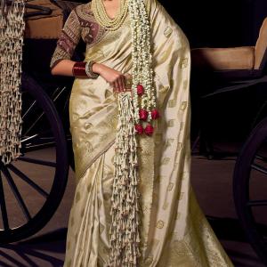 Refreshing Beige Pure Viscose Tissue Banarasi Silk Saree With Whimsical Blouse Piece