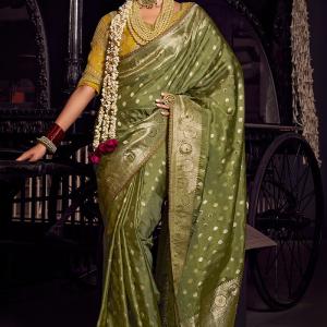 Lassitude Green Pure Viscose Tissue Banarasi Silk Saree With Staring Blouse Piece